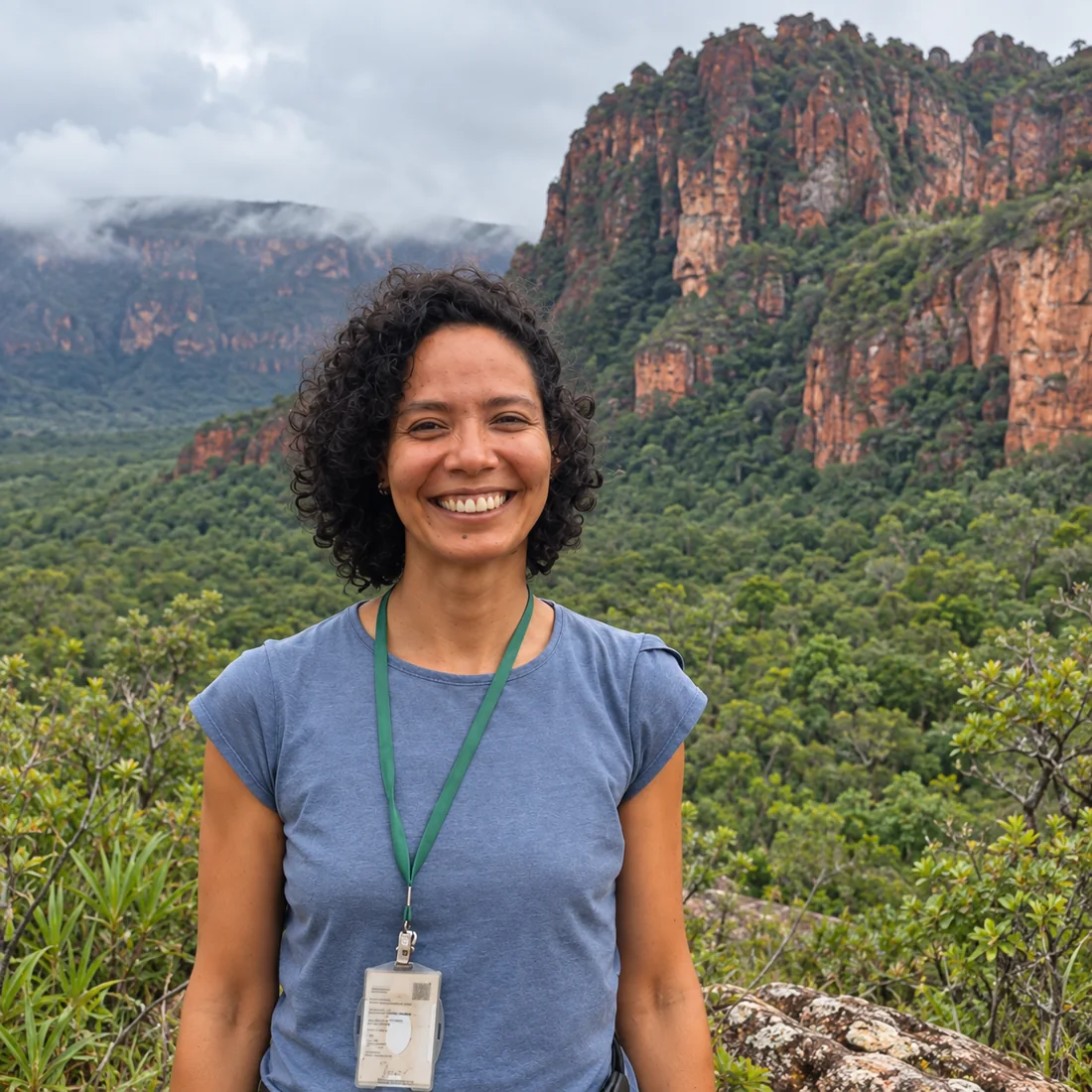Portrait of Andrea Penha with Chapada’s sandstone cliffs behind her