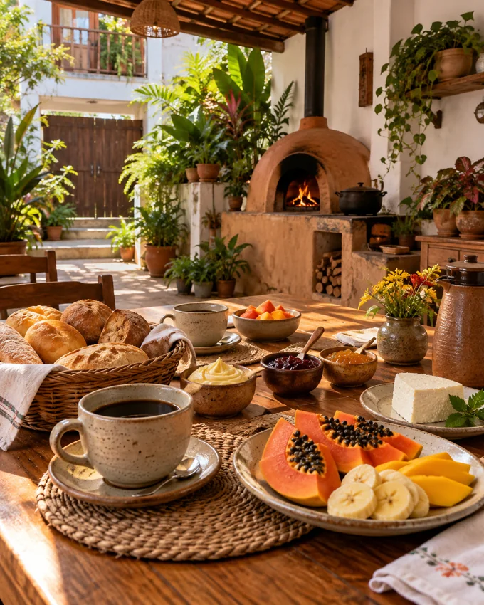 Illustration of a vegetarian breakfast with fruit and coffee in a garden dining area